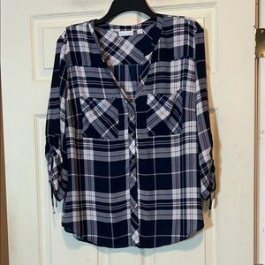 NY&C Blue and White Plaid V-Neck Button Down Shirt with Cinched Sleeves Size  XL